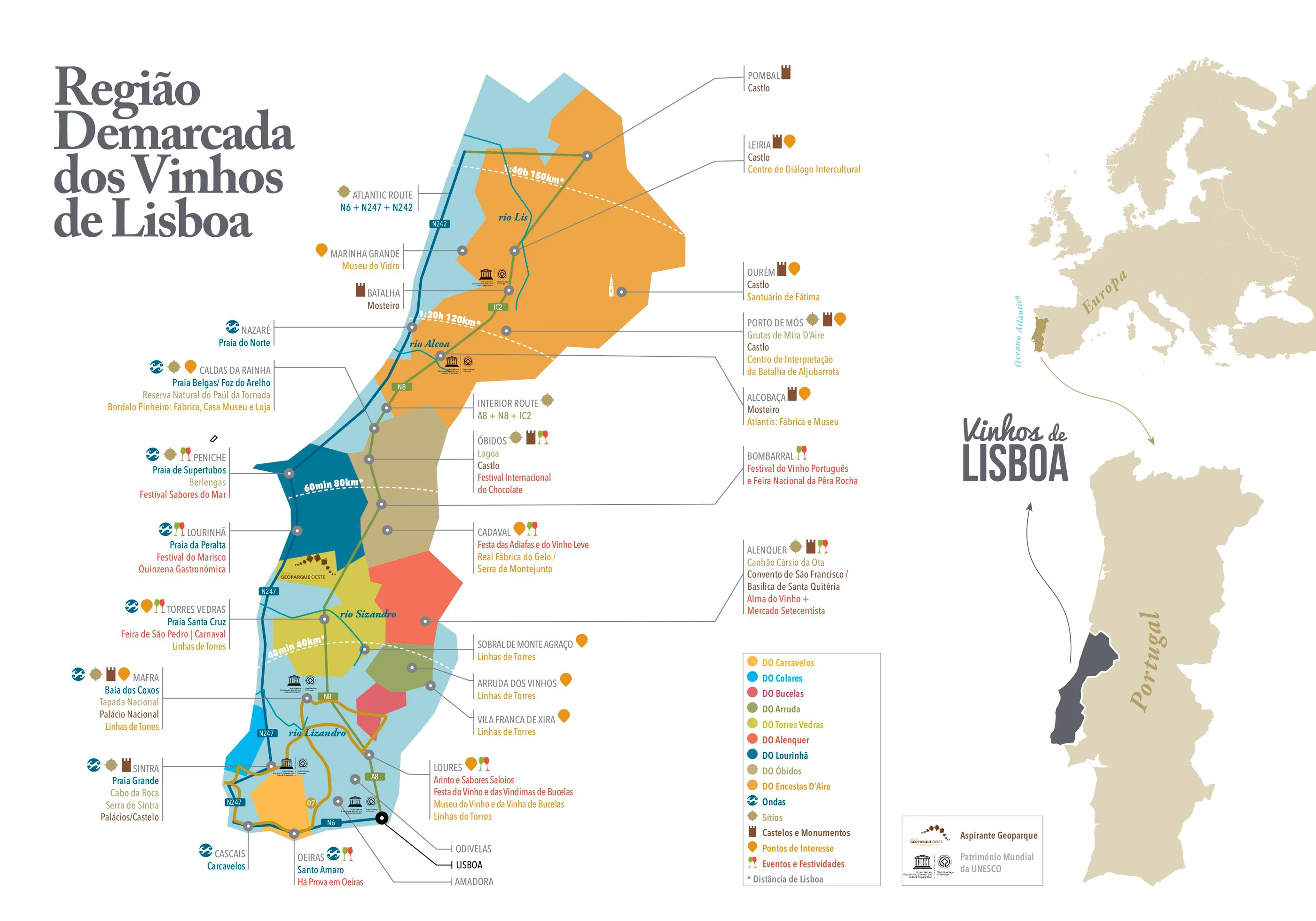 Mapa da Região dos Vinhos de Lisboa — atrações, praias, monumentos e festas